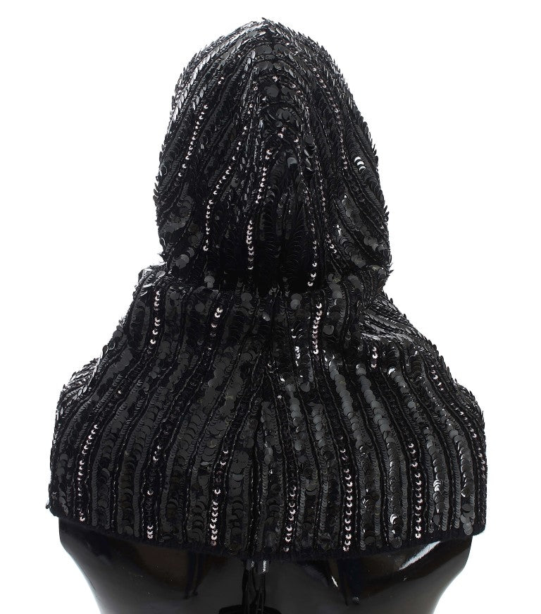 Black Knitted Sequin Hood Scarf Hat
