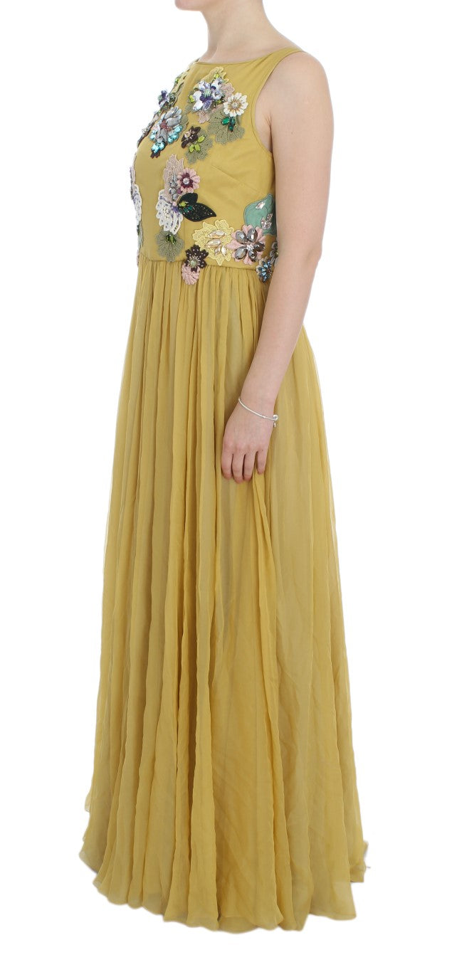 Yellow Silk Crystal Applique Shift Dress