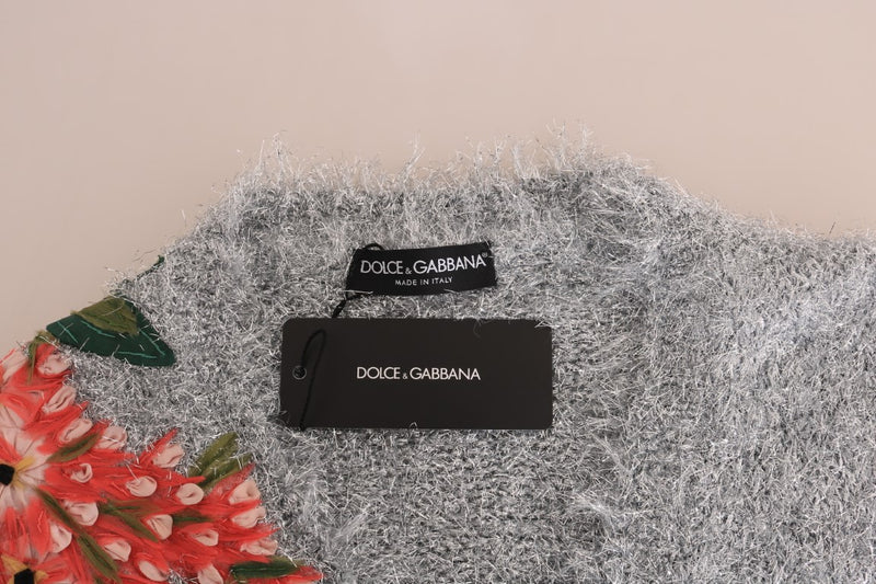 Silver Cardigan Floral Applique Sweater
