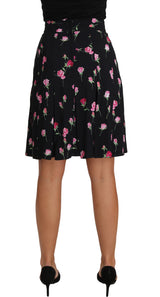 Black Rose Print Floral Knee Length Skirt