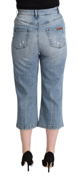 Blue Tattered Cotton Denim Capri Cropped Jeans
