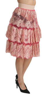 Pink Lace Layered High Waist Knee Length Skirt