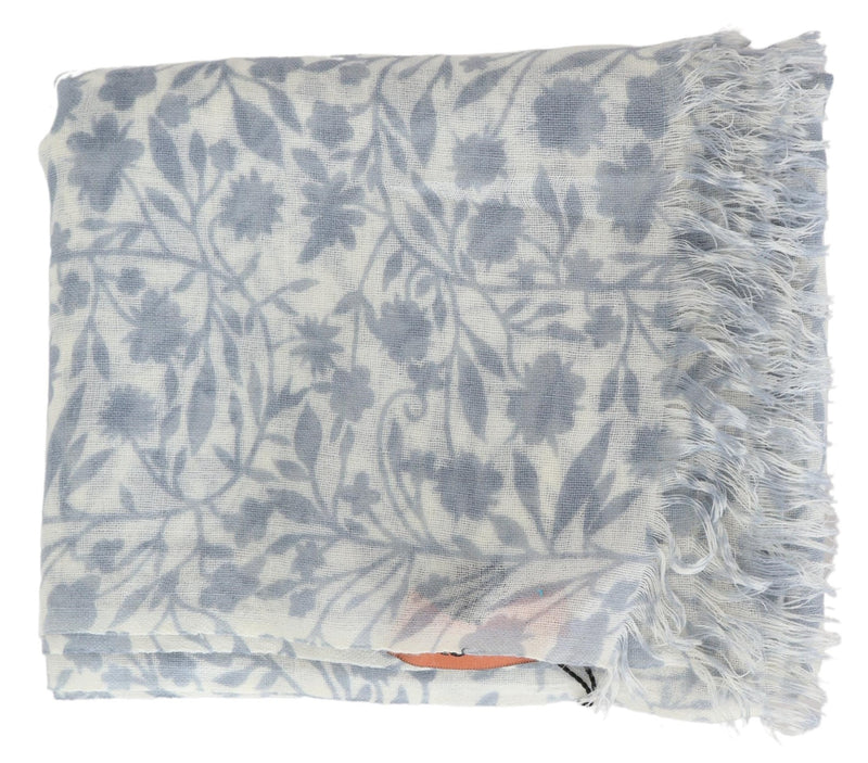White Blue Floral Wool Knit Neck Wrap Fringe Scarf