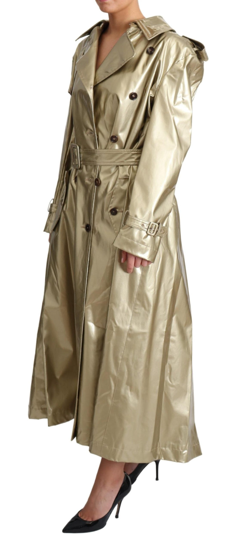 Gold Viscose Stretch Belted Trench Coat Jacket