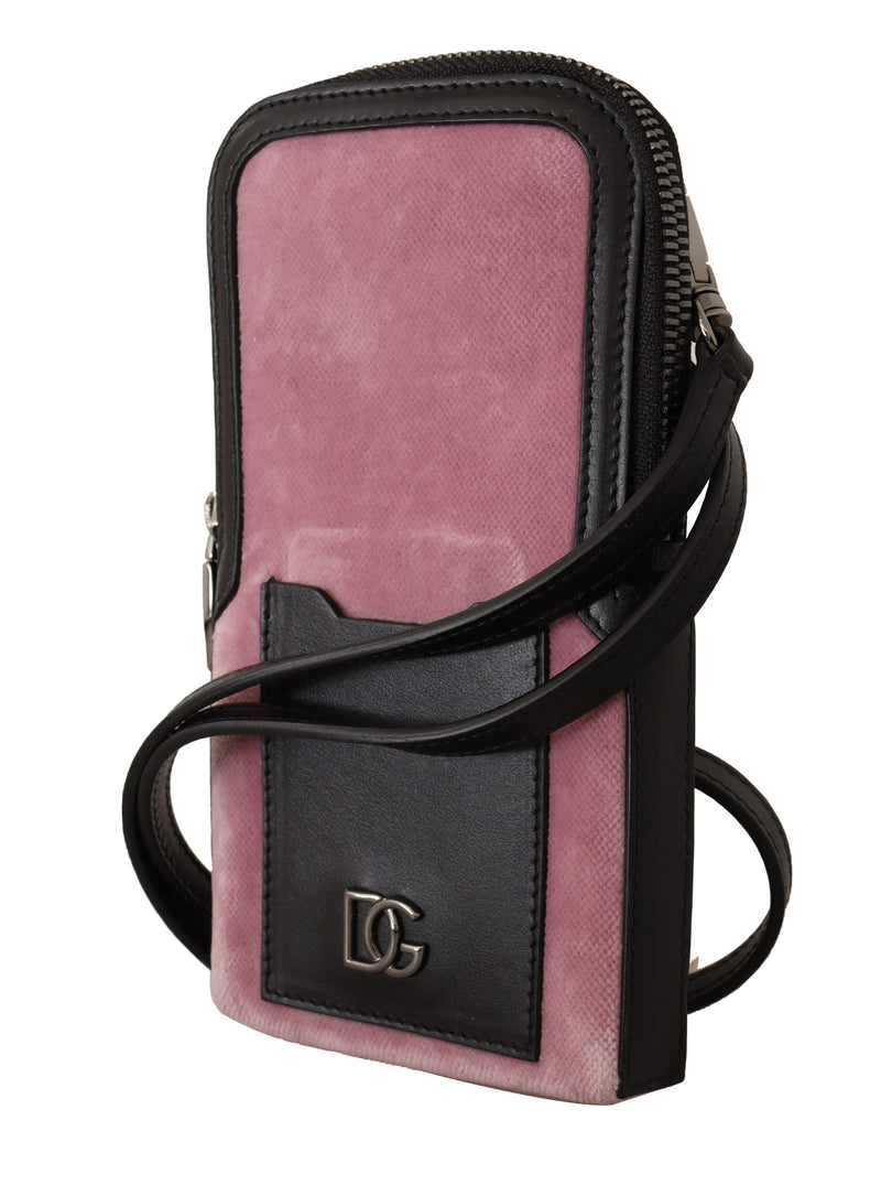 Pink Velvet Black Leather Cross Body Card Slot Pocket wallet