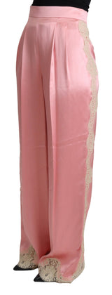 Pink Lace Trimmed Silk Satin Wide Legs Pants