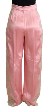 Pink Lace Trimmed Silk Satin Wide Legs Pants