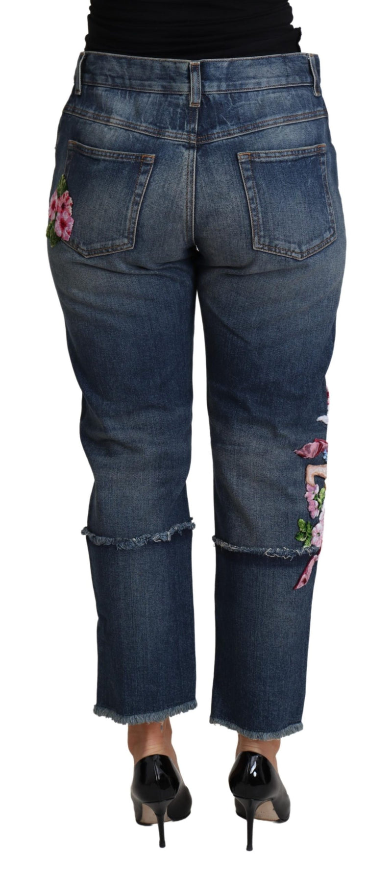 Blue Floral Embroidery Cropped Cotton Jeans