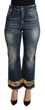 Blue Cotton Stretch Sequin Cropped Denim Jeans