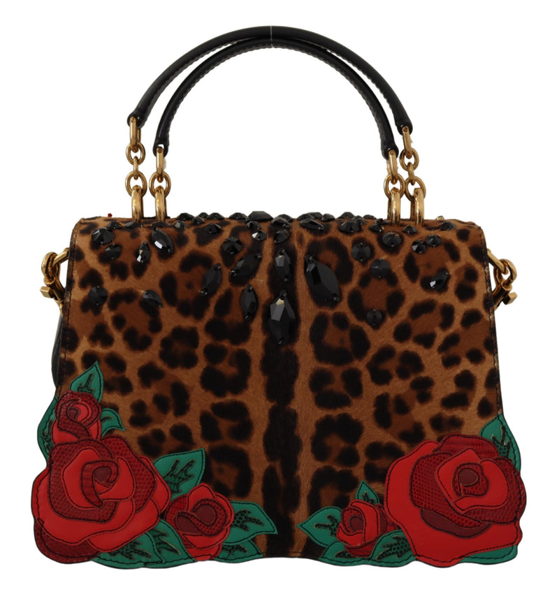 Brown Leopard Crystal Roses Leather Shoulder WELCOME Purse