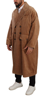 Beige Cotton Corduroy Long Overcoat Jacket