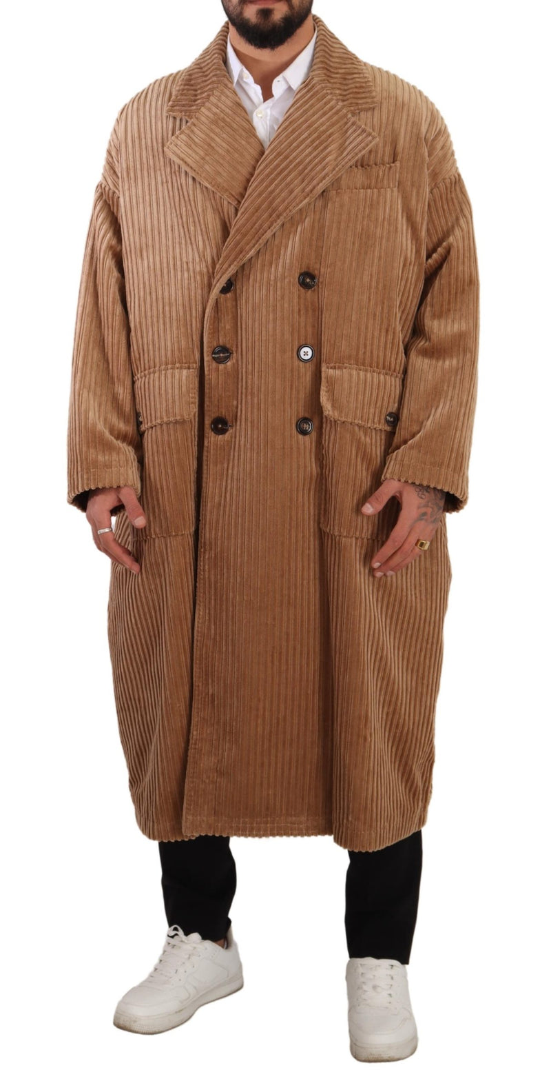 Beige Cotton Corduroy Long Overcoat Jacket