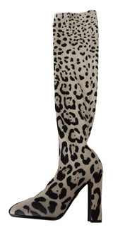 White Black Leopard Stretch Long Boots