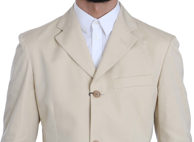 Two Piece 3 Button Beige Cotton Solid Suit