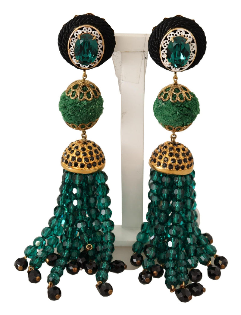 Green Crystals Gold Tone Drop Clip-on Dangle Earrings