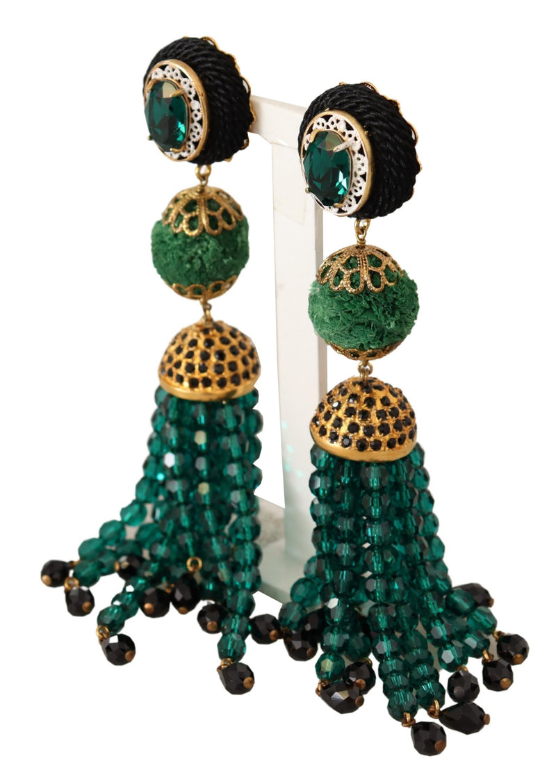Green Crystals Gold Tone Drop Clip-on Dangle Earrings