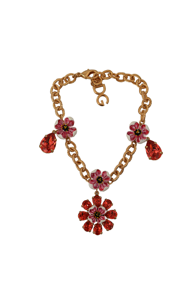 Gold Brass Chain Red Floral Crystal Statement Charms Bracelet