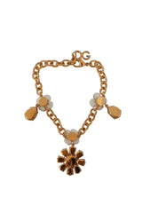 Gold Brass Chain Red Floral Crystal Statement Charms Bracelet