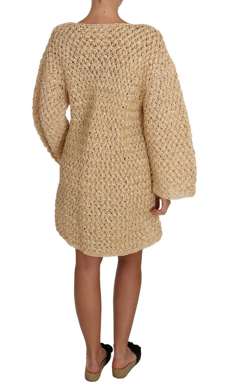 Beige Cardigan Crochet Knitted Raffia Sweater - Avaz Shop