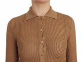 Beige Knitted Cotton Polo Cardigan Sweater - Avaz Shop