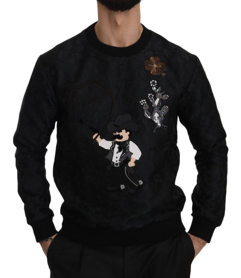 Black Brocade Cowboy Embroidered Sweater - Avaz Shop