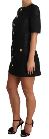 Black Button Embellished Jacquard Mini Dress - Avaz Shop