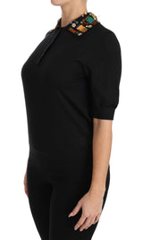 Black Cashmere Crystal Collar Top T-Shirt - Avaz Shop