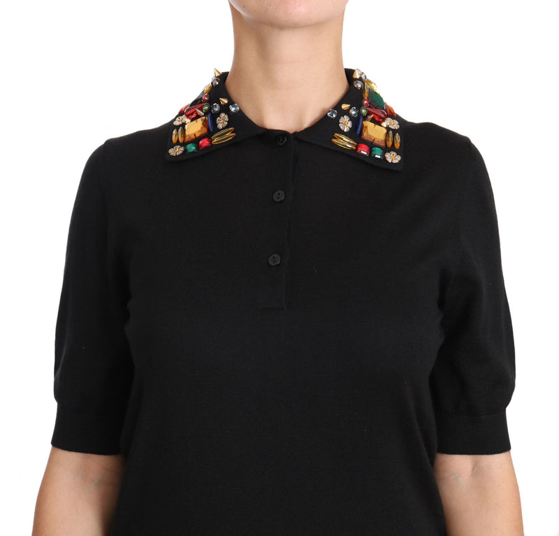 Black Cashmere Crystal Collar Top T-Shirt - Avaz Shop