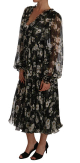 Black Daisy Floral Silk Shift A-Line Dress - Avaz Shop