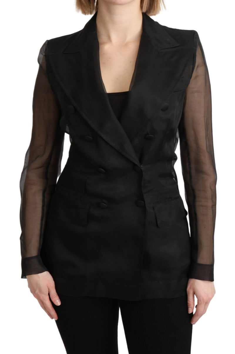 Black Double Breasted Blazer 100% Silk Jacket - Avaz Shop