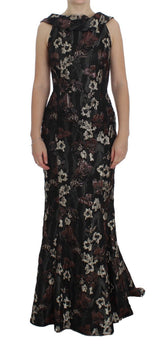 Black Floral Jacquard Sheath Gown Dress - Avaz Shop