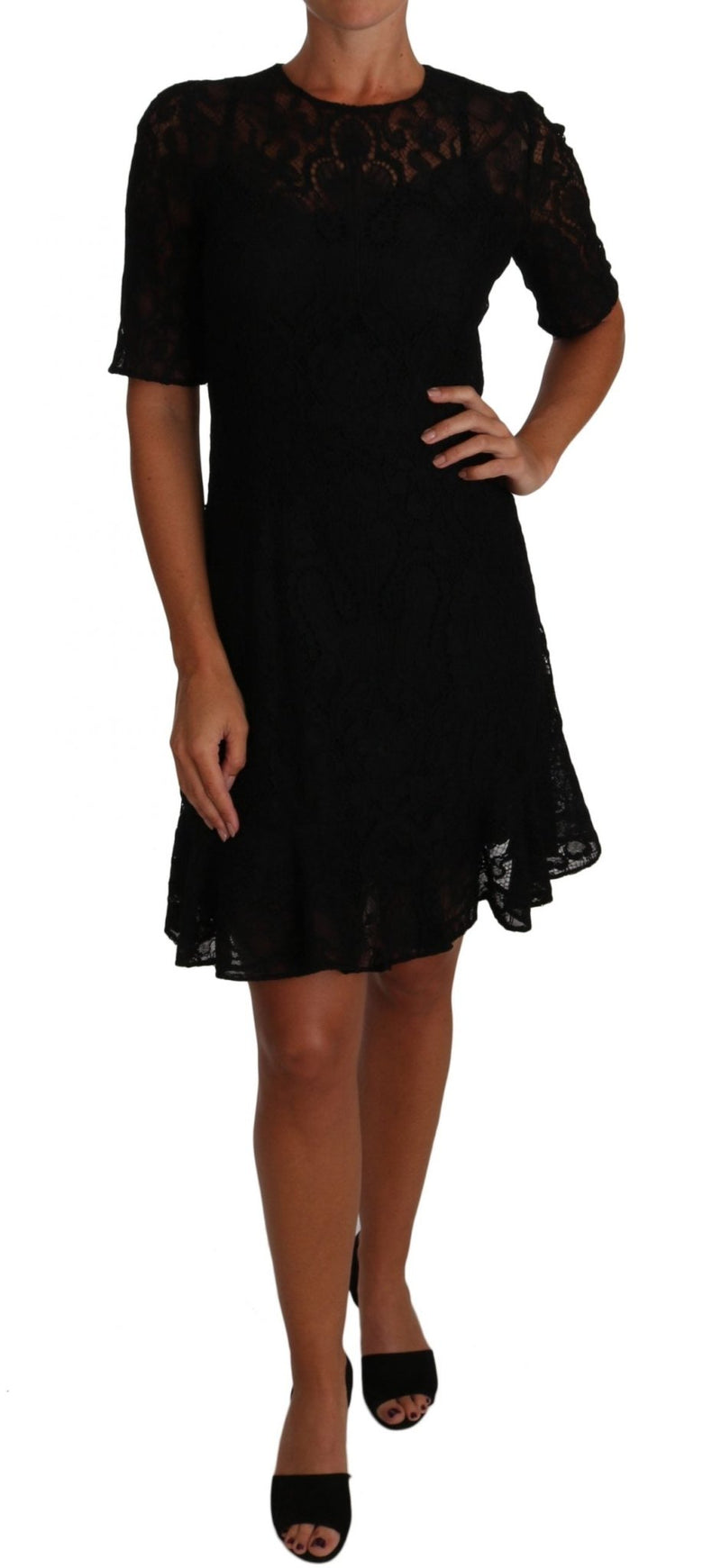 Black Floral Lace Sheath Short Sleeves Dress - Avaz Shop