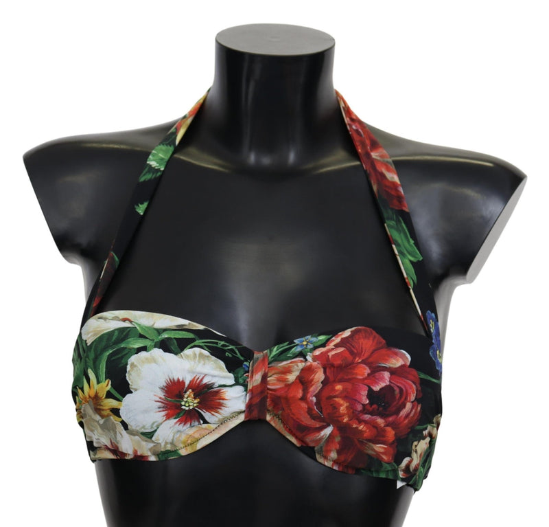 Black Floral Print Nylon Swimwear Bikini Tops - Avaz Shop