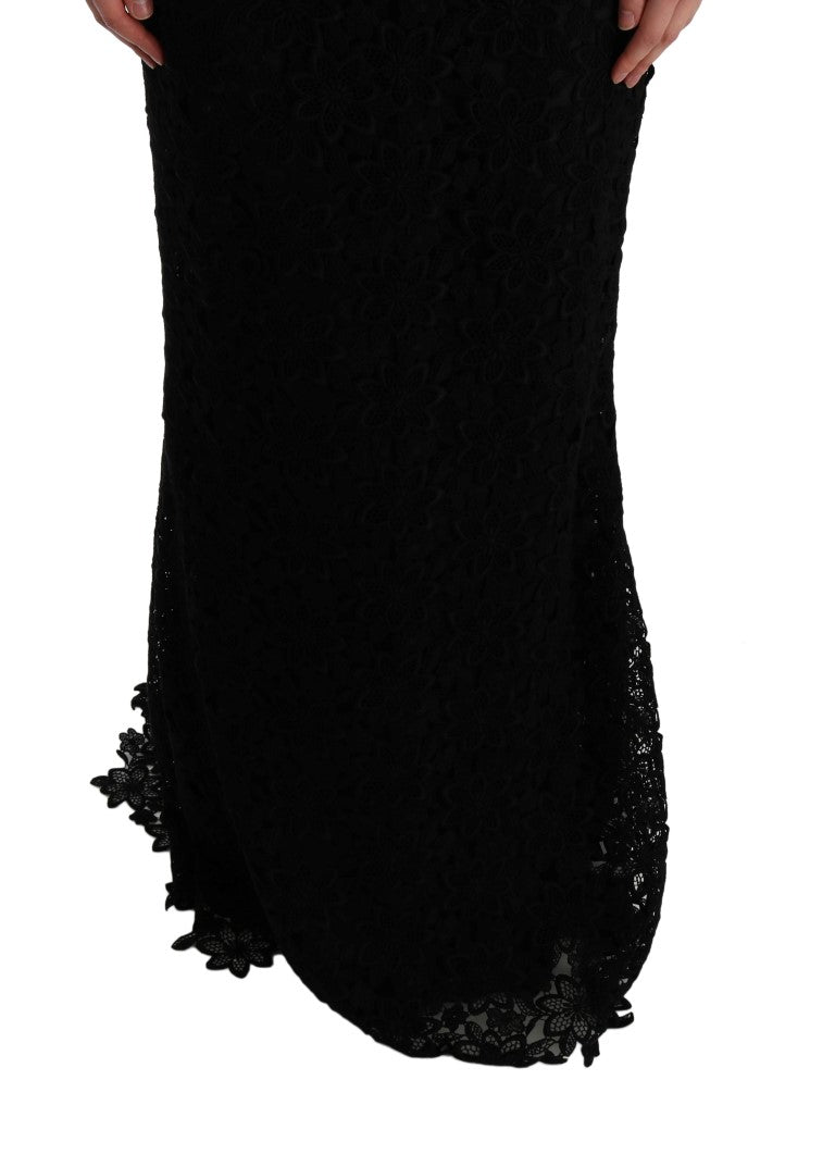 Black Floral Ricamo Sheath Long Dress - Avaz Shop