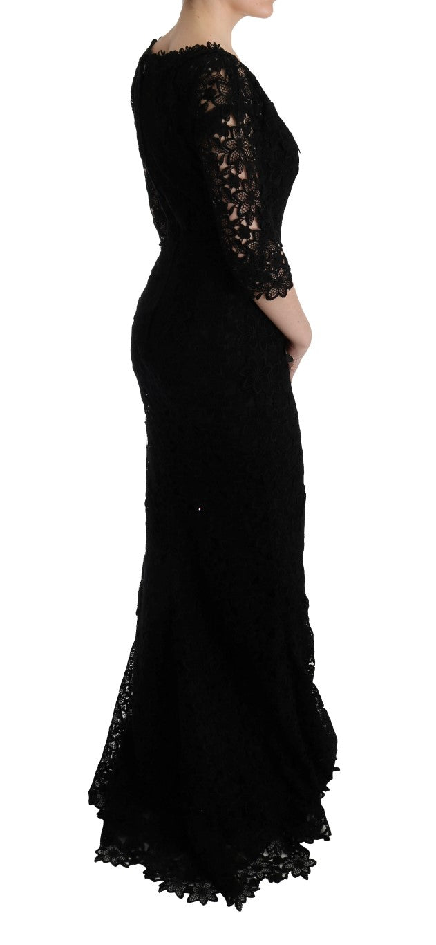 Black Floral Ricamo Sheath Long Dress - Avaz Shop