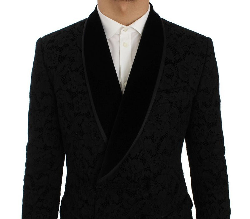 Black Floral Ricamo Slim Blazer Jacket - Avaz Shop