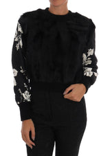 Black Fur Floral Brocade Zipper Sweater - Avaz Shop