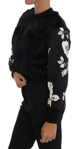 Black Fur Floral Brocade Zipper Sweater - Avaz Shop