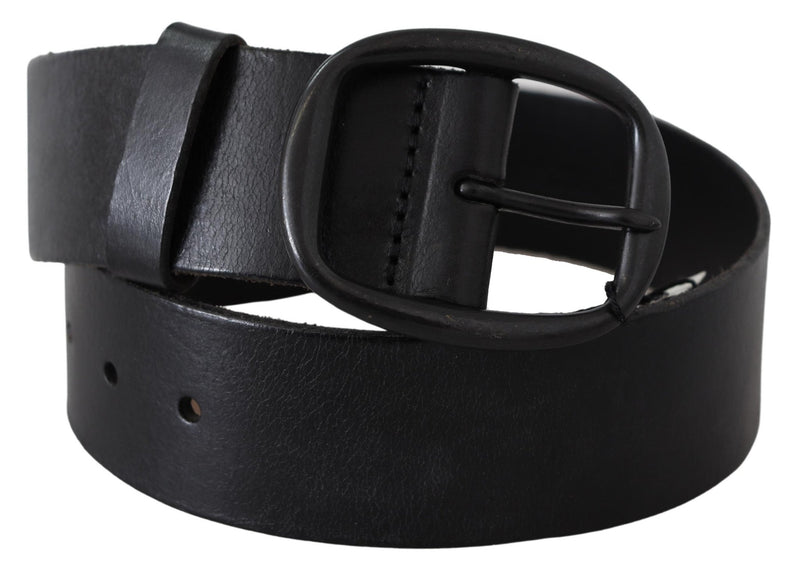 Black Genuine Leather Oval Metal Buckle Belt - Avaz Shop