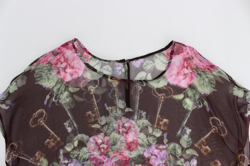 Black Key Floral Print Silk Blouse T-shirt - Avaz Shop
