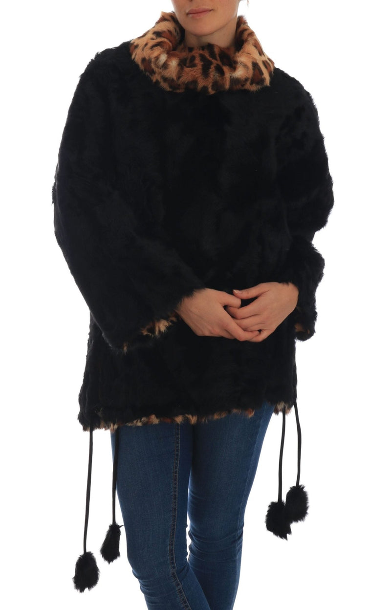 Black Lamb Leopard Print Fur Coat Jacket - Avaz Shop