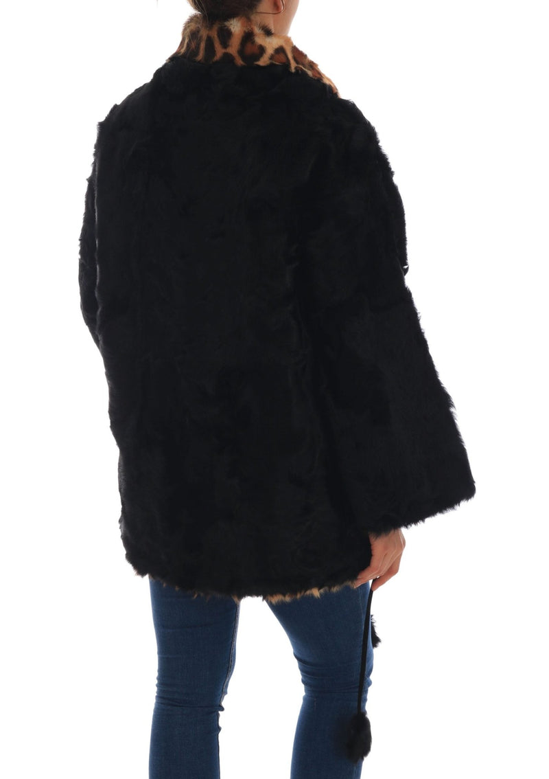 Black Lamb Leopard Print Fur Coat Jacket - Avaz Shop
