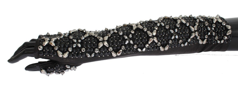 Black Leather Crystal Beaded Finger Free Gloves - Avaz Shop