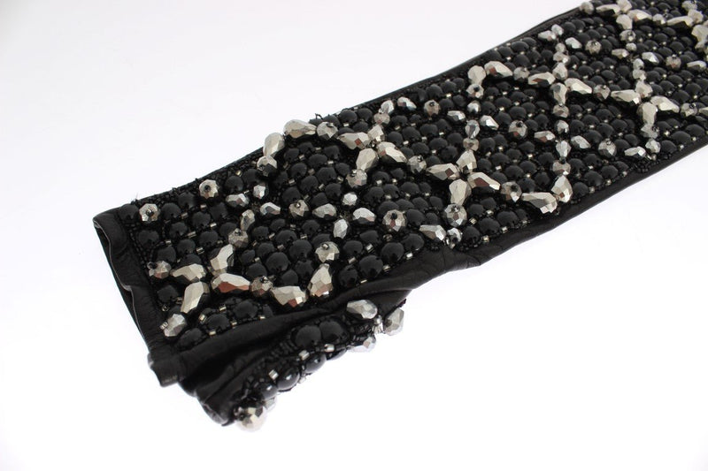 Black Leather Crystal Beaded Finger Free Gloves - Avaz Shop