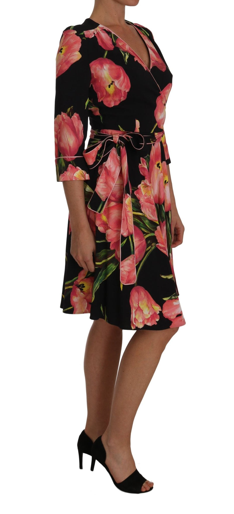 Black Pink Tulip Print Stretch Shift Dress - Avaz Shop