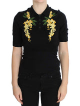 Black Silk Floral Embroidered Polo Top - Avaz Shop