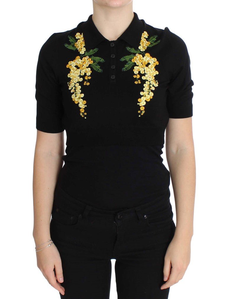 Black Silk Floral Embroidered Polo Top - Avaz Shop