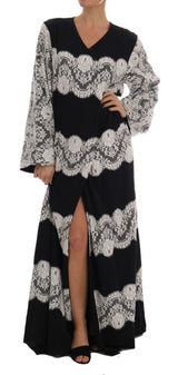 Black Silk Floral Lace Kaftan Dress - Avaz Shop