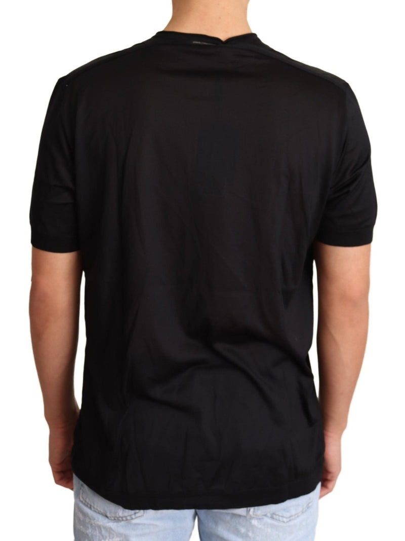 Black Silk Henley Crewneck Top T-shirt - Avaz Shop