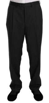 Black Striped Two Piece 3 Button 100% Wool Suit - Avaz Shop